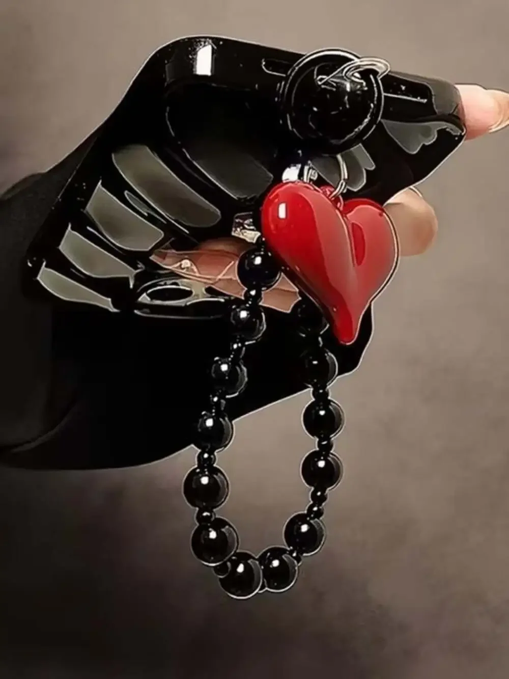 Red Heart Keyring Wristlet with Black Beaded Loop